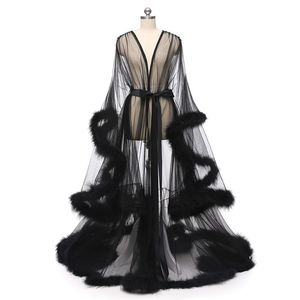 Boda nupcial Boudoir Robe Pink Feather Bridal Sheer Robe Tulle Illusion Long Birthday Feather Robe Traje hecho Sexy Feather2183