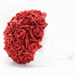 Ramos de novia de boda con flores hechas a mano, lentejuelas, rosa roja, ramo de flores artificiales, suministros de boda, broche para novia Bou252e