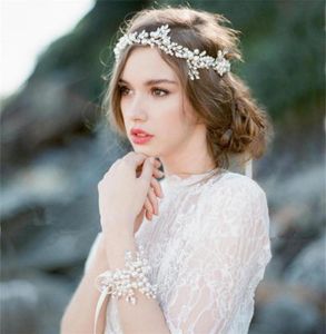 Mariage Bridedal Bridesmaid Bandband Tiara Bracelet Blanc White Enthater Pearl Hair Accessories Ribbon Hand Chain Charm Brangle Silver JE3014860
