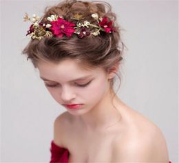 Wedding Bruidal Bourgondië Rode Bloem Hoofdband Haarband Goud Rhinestone Crown Tiara Crystal Hair Accessoires Sieraden Princess Headpie2059175