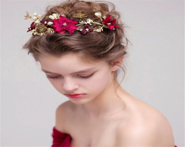 Mariage Bridal Bourgogne Red Flower Band Band Band Gol Rhinaistone Crown Tiara Crystal Hair Accessories Bijoux Princesse Headpie3626061