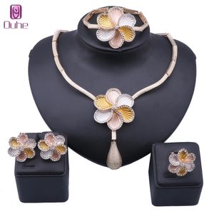 Ensemble de bijoux de mariée en cristal, fleur de mariage, couleur or de dubaï, collier de fête, Bracelet, boucle d'oreille, bague, ensemble de bijoux pour femmes