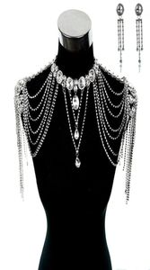 Robes de mariée de mariage veste à épaulettes cristal strass collier en argent longue épaule longue chaîne complète du corps boucles d'oreilles ensemble de bijoux1624752