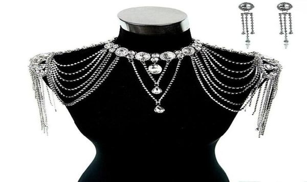 Robes de mariée de mariage veste à épaulettes cristal strass collier en argent longue épaule longue chaîne complète du corps boucles d'oreilles ensemble de bijoux 3414964