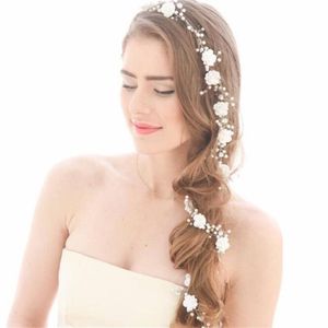 Mariage Bridal Flower Long Hair Chain Band Band Band Crystal Righestone Crown Tiara Headry Bielry Pearl Headress Princess Quee157s