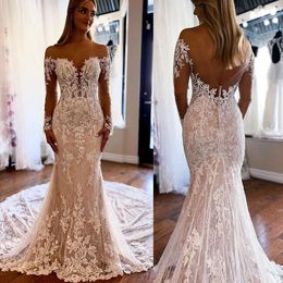 Wedding Bruidsjurk Jurken Mermaid Prachtig kanten applique lange mouwen schep nek sweep trein op maat gemaakte landvestidos de novia