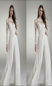 Monos de novia para boda, joya con cuello transparente, apliques de gasa, pantalones, trajes 2019, vestidos de novia de manga larga de encaje 5178911