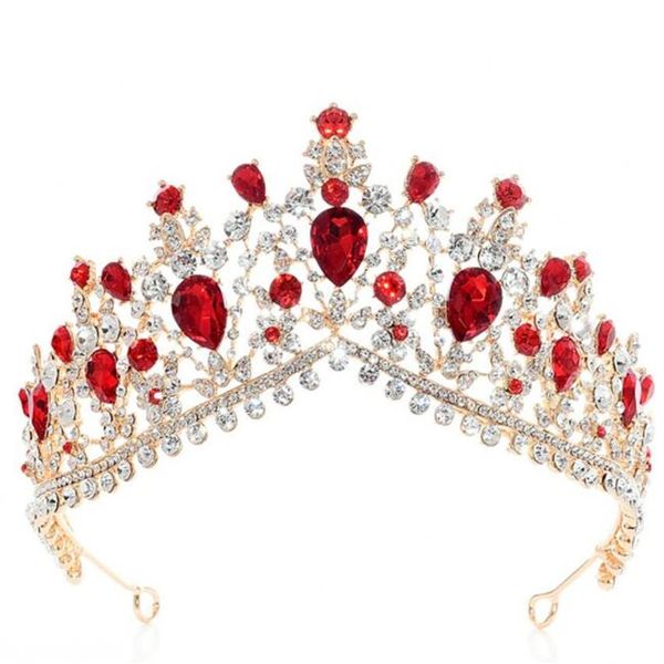 Boda nupcial rojo azul corona Tiara Rhinestone diadema accesorios para el cabello joyería verde oro princesa reina cristal coronas Tiaras P253J
