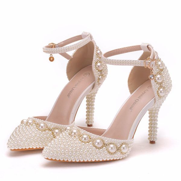 Boda Zapatos de novia Punta estrecha Blanco Marfil Perla Tobillo Correas Vestido de novia Zapatos Sandalias de verano Dama Fiesta Tacones altos