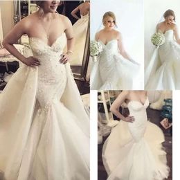 Bruiloft bruid zeemeermin prachtige jurken jurken met afneembare trein tule kanten applique sweetheart halslijn op maat gemaakte plus size vestido de novia