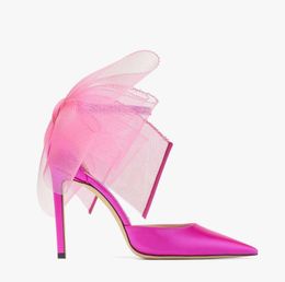 Wedding Bride Pump Women Design Sandaal Midden 100 mm Mesh Feather Bow Hoge Heel Leer Punted Teen Unkle Strap Luxe schoenen met doos