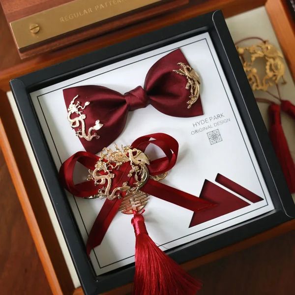 Mariage marié homme dragon phénix chinois noeud papillon mariage mâle vin rouge haut de gamme cadeau coffret studio 240223