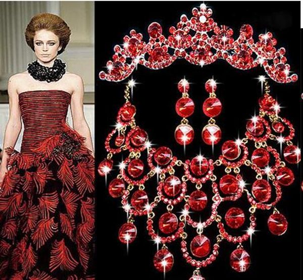 Ensemble de bijoux de demoiselle d'honneur de mariage, collier et boucles d'oreilles en cristal strass rouge, plaqué or, vente de bijoux à la mode