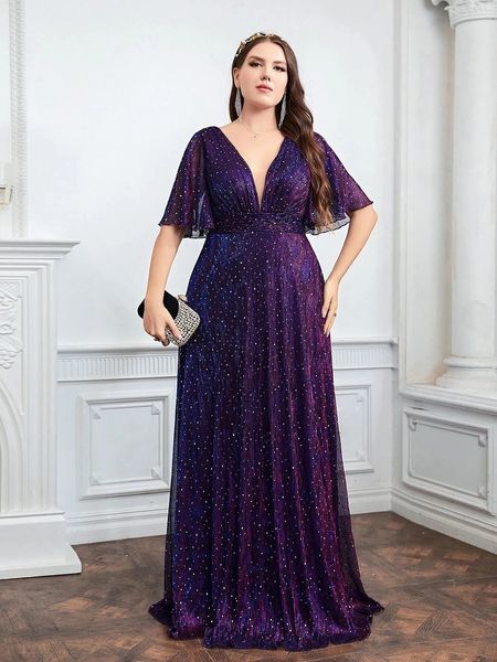 Vestido de dama de honor de boda para tallas grandes, moda femenina, escote pronunciado, manga de mariposa, vestidos de fiesta con purpurina, vestido de señora de gran tamaño 240124