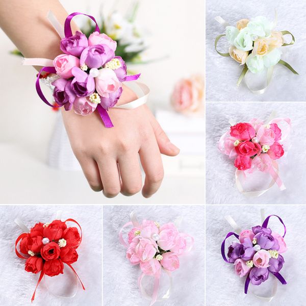 Boda de la muñeca de la muñeca Pulsera de la pulsera de la muñeca y boutonnieres Seda rosa flores de ramo Accesorios de ramo 20pcs