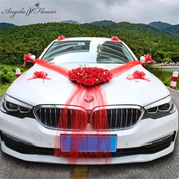 Décoration de voiture de mariage fleur artificielle en forme de coeur guirlande guirlande avec ventouse tirer ruban arc pour porte rétroviseur 210706