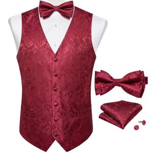 Wedding Classic Red Paisley Dress Vest For Man Fashion Vneck Luxury Mens Business Waistcoat Bowtie Pocket Square Cufflinks Set 240507