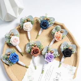 Corsages et boutonnières de mariage pour hommes marié soie Rose boutonnière boutonnière fleurs artificielles Bouquet Corsages broche broches