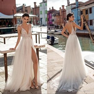 Bruiloft aangepaste jurken kralen Seksuele hoge zijde gesplitste kanten Appliqued Spaghetti Backless Bridal Jurys Vestido de Novia