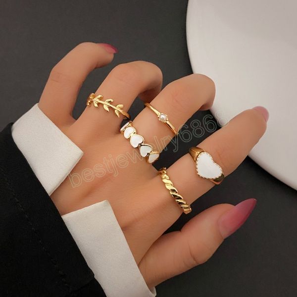 Anillo de perlas de corazón blanco para boda, conjunto de anillos de hojas de 2022 a la moda para mujer y niña, joyería de fiesta