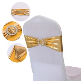 Décoration de mariage chaises en spandex à la souche de l'arc argenté en or métallique brillant avec boucle ronde pour la fête d'anniversaire el banquet luxe 231228