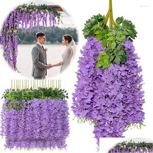 Bruiloft Decoraties Decoratieve Bloemen 110Cm Wisteria Kunstbloem Hangende Garland Plant Vine Fake Voor Boog Achtergrond Muur Ceili Dhyrq