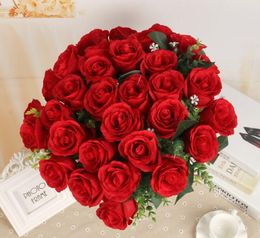 Bruiloft decoratieve bloemen Hoge kwaliteit 9 hoofden zijde rose boeket met blad kunstmatige flowe