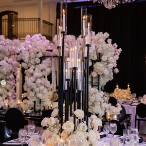Uniquement pour bougie LED) décoration de mariage design de mariage décorations de table noires pour mariage acrylique transparent cylindre en métal noir support de fleur décoration de mariage