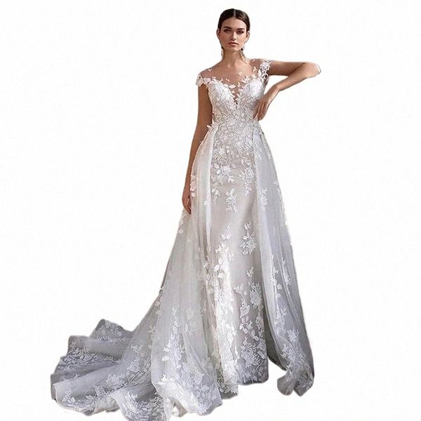 Mariage Dr 2024 Manches courtes Lacde Appliques Sirène Mariée Dr avec train détachable sur jupe dentelle robes de mariée c6w8 #