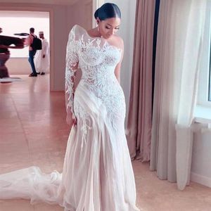 Trouwjurk 2022 Retro kant met lange mouwen Mermaid -jurken Saoedi -Arabië Illusie Pleat Garden Bridal Jurk Vestido de novia