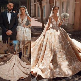 Robe de mariée 2023 robes de robe de bal modestes col en V 3D dentelle appliques robes de mariée froncées grande taille cathédrale train Royal luxe