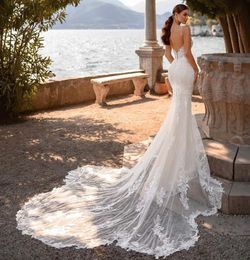 Robe de mariée 2024 Sexy Georgette Sirène Robe Illusion Dentelle Corsage Chérie Bretelles Spaghetti Boutons Femmes Mariée Robes De Soirée Robe De Noiva