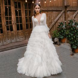 Trouwjurk ADLN Modeste jurken met lange mouwen diepe v-hals vermoeide rok jurk bal ruches bruidsvestido de novia
