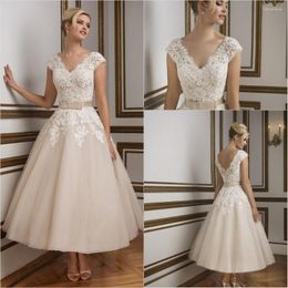 Robe de mariée Longueur de la cheville en dentelle Robes en ligne 2022 Princesse tulle en V Col à col