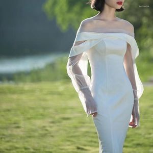 Robe de mariée en Satin à manches longues, col Bateau, épaules dénudées, dos nu, ligne a, robe de soirée pour femmes, 2023