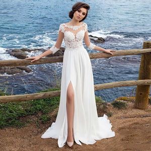 Trouwjurk Strand Chiffon Applicaties Eenvoudige Jurk A-lijn Split Side Vestido De Novia Playa Bruidsjurk Driekwart Mouw Weddin208H