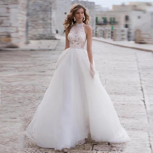 Robe de mariée plage licou décolleté robes une ligne tulle 2022 dentelle appliques perlée sans manches longueur de plancher dinde eleagnt robe de mariée