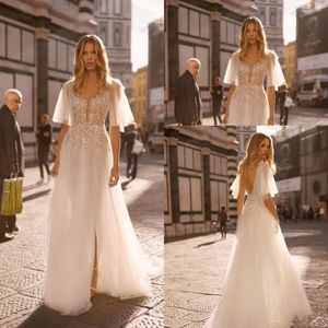 Trouwjurk Boheemse jurken 2023 SEUQEDSS KANT APPLIKEERDE SHEER V Korte mouwen plus size maten Bridal Jurk Side Split Vestido de novia