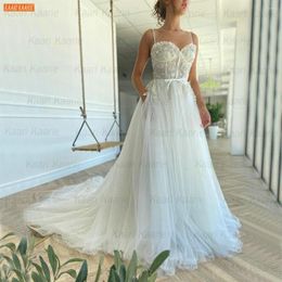 Robe De Mariée Bohème Robe Blanche 2022 Robe De Novia Fermeture Éclair Appliqued Tulle Une Ligne Perles Abito Da Sposa Robes De Mariée Sur Mesure