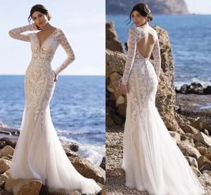 Robe de mariée style Boho, manches longues, col en v, longueur au sol, avec traîne, dos nu, style bohème, rustique, Sexy, 2022