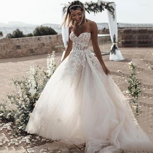 Wedding Dress Boho Lace Appliques Princess Sweetheart Boning A-Line Tulle Beach Bride Dresses Open Back Gowns