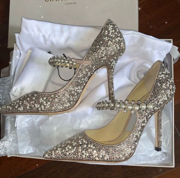 Robe de mariée chaussures de mariée Baily Mary Jane pompes avec cristal perle sangle dame talons hauts Sexy bout pointu célèbre femmes Pum