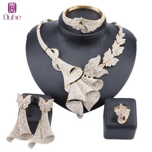 Trouwjurk Kostuum Dames Party Goud Kleur Afrikaanse Kralen Sieraden Sets Crystal Rhinestone Ketting Bangle Oorbellen Ring H1022