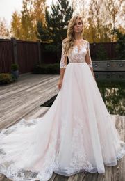 Robe de mariée ras du cou pure illusion manches trois quarts robes de mariée robes de mariée 2019 dentelle robe de mariée Trouwjurken Mariage Robe