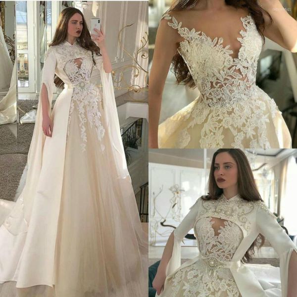 Vestido de Noiva Elegante Vestidos de Linha A com Envoltórios de Miçangas Gola Alta Pérolas Vestidos Birdal Renda Apliques Roupões