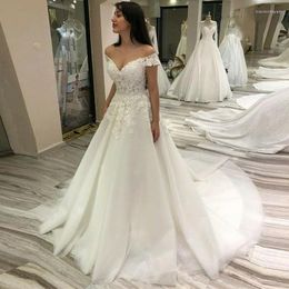 Vestido de novia elegante Glitter Apliques Flores de encaje Vestidos de novia fuera del hombro Vestidos de línea A 2022