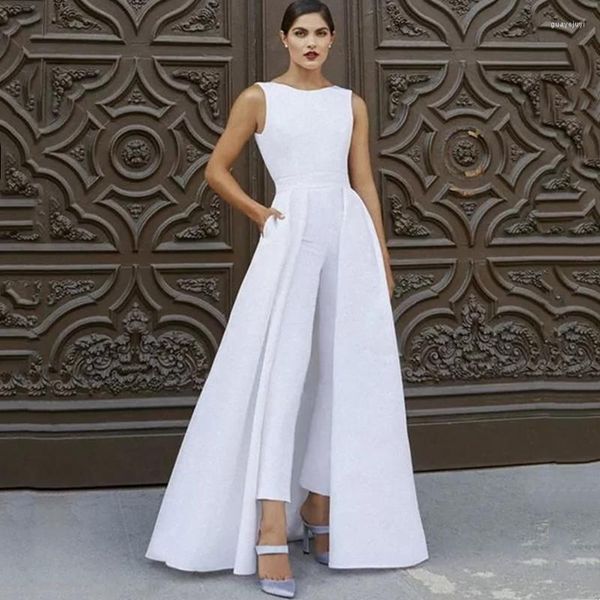 Vestido De novia, monos elegantes para Novia 2023 con bolsillos De falda, pantalones De novia acampanados, sin mangas, satén De alta calidad, Vestido De Novia