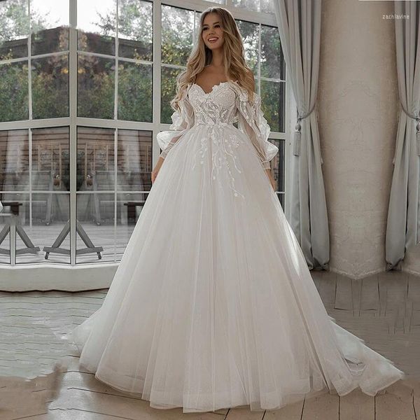 Robe De Mariée De Mode Glitter Robes Manches Bouffantes Appliques Dentelle 3D Fleurs Hors Épaule Tulle Boho Robe De Mariée 2023 Vestidos De Novia