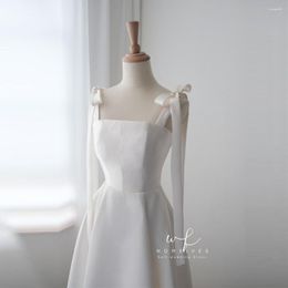 Trouwjurk Koreaanse Stijl Jarretel Eenvoudige Elegante Vierkante Hals Crêpe A-lijn Minimalistische Bruidsjurken