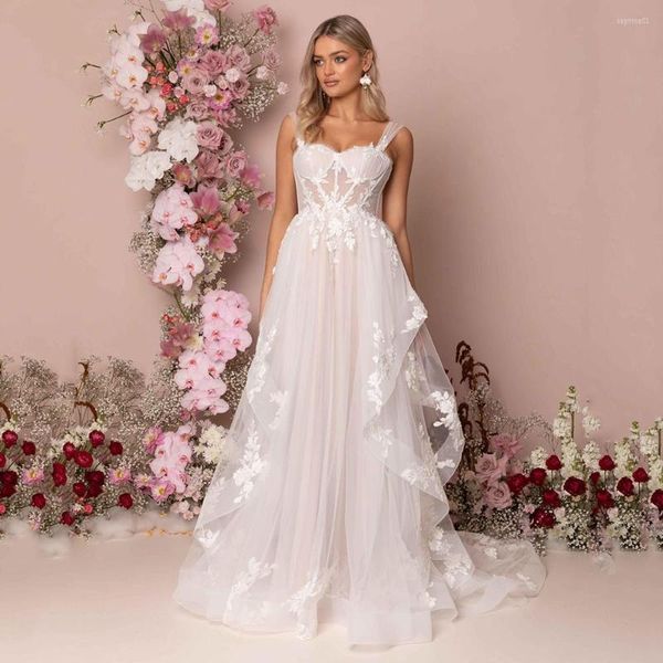 Robe de mariée longue Boho A-ligne dos nu 3D fleurs bretelles spaghetti robes de mariée princesse étage longueur volants robes